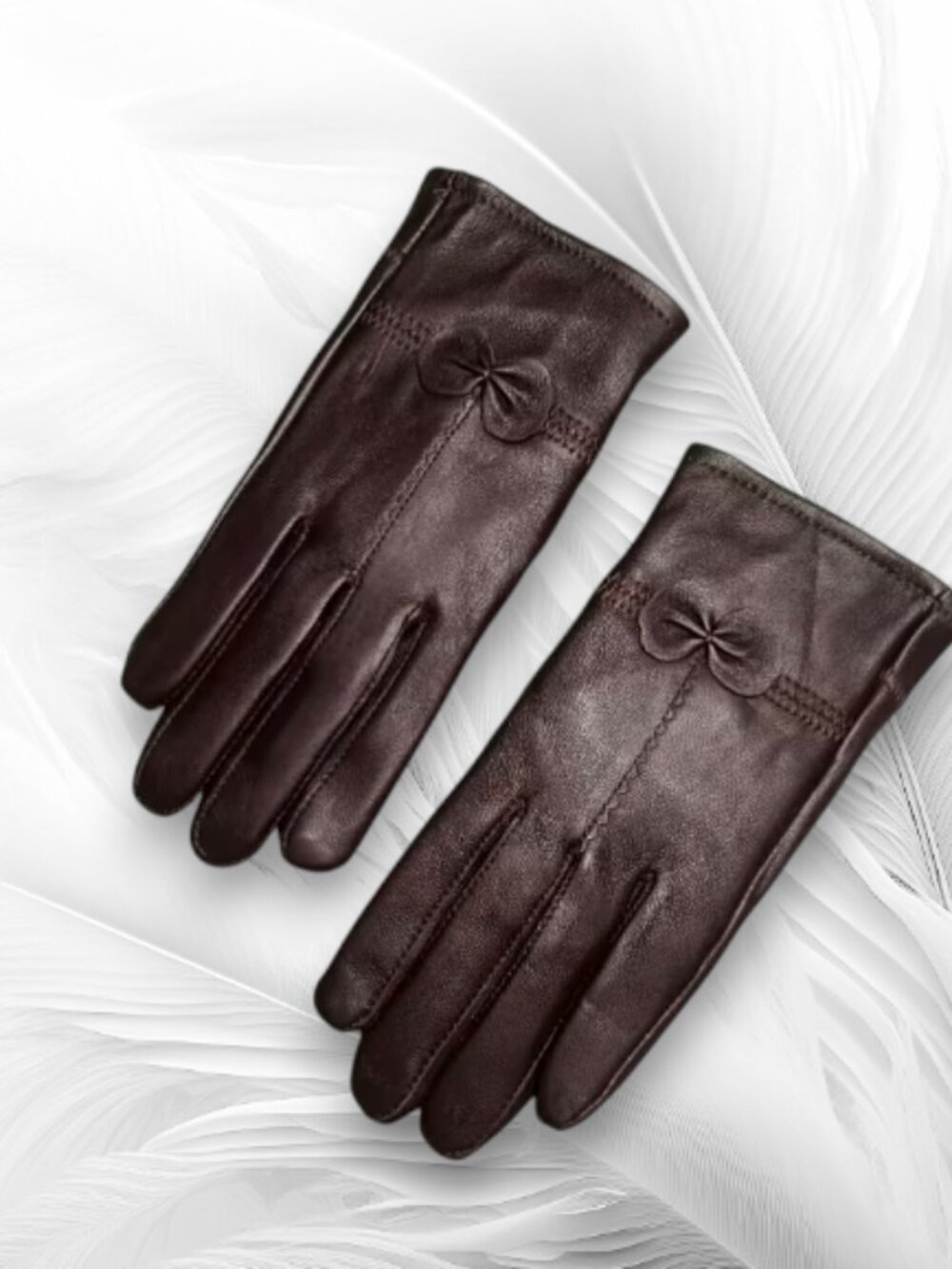 Women’s Dark Brown Genuine Leather Gloves with Bow Detail